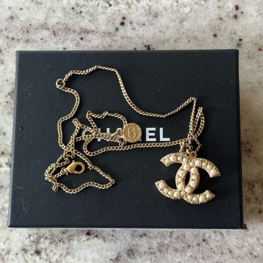 CHANEL Gold and Pearl Logo Necklace